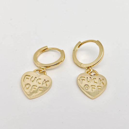 "Fuck off" Heart-shaped Gold Plated Huggie Earrings: Golden