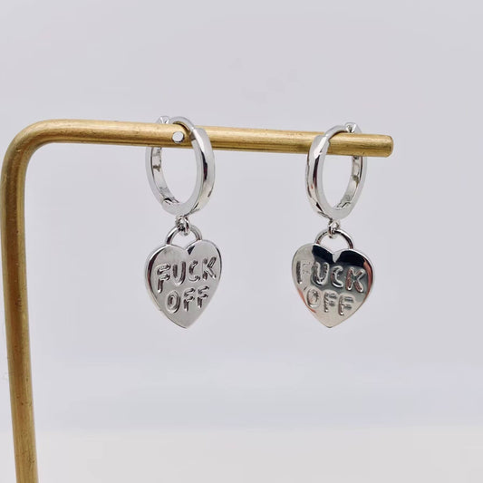"Fuck off" Heart-shaped Gold Plated Huggie Earrings: Silver
