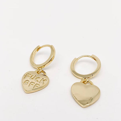 "Fuck off" Heart-shaped Gold Plated Huggie Earrings: Golden