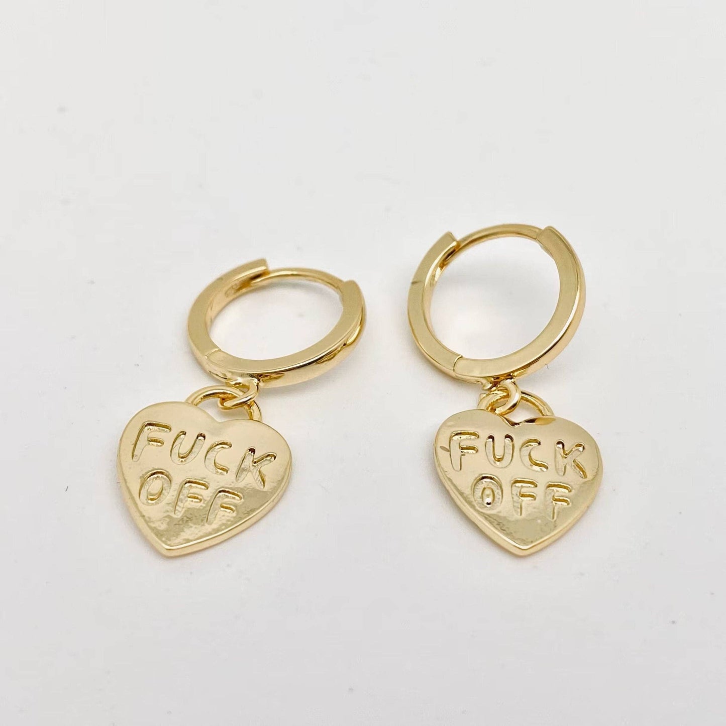 "Fuck off" Heart-shaped Gold Plated Huggie Earrings: Golden