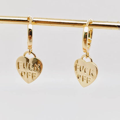 "Fuck off" Heart-shaped Gold Plated Huggie Earrings: Silver