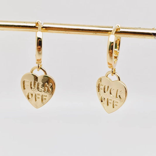 "Fuck off" Heart-shaped Gold Plated Huggie Earrings: Silver
